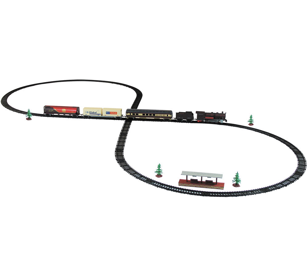 WowToyz Classic Train Set 40-piece in figure 8 set up. Create a wide variety of layouts with this battery-powered deluxe train set that contains 25 feet of track! This set includes a steam locomotive with lights and sounds, a passenger car, double container cars, a tanker, a train station, pine trees, straight, curved, “Y” track and cross section track. Reusable carry case packaging.