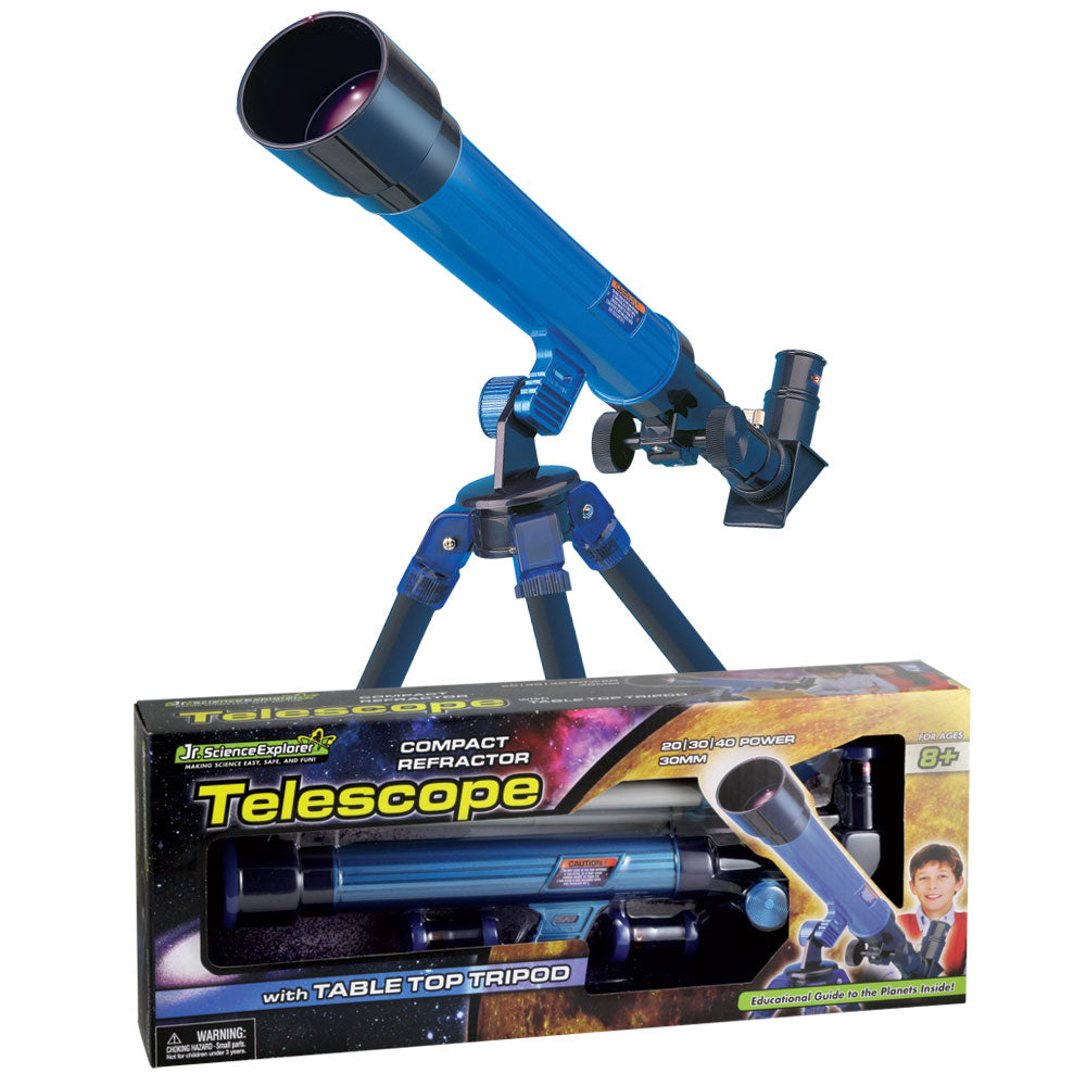 15 Inch Long Durable Lightweight Blue Telescope for Kids with 30mm Objective Lens, 20x, 30x, & 40x Magnification Lenses, Tabletop Tripod and Educational, Easy to Follow Experiment Guide. 