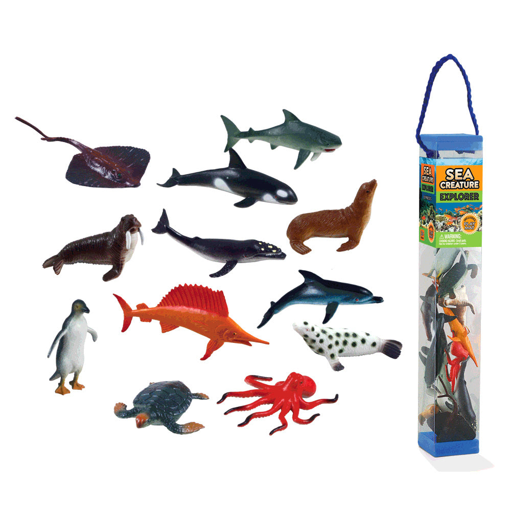 Durable Plastic Tube Playset containing 12 Assorted Colorful Sea Creatures with a Full Color Playmat Included.