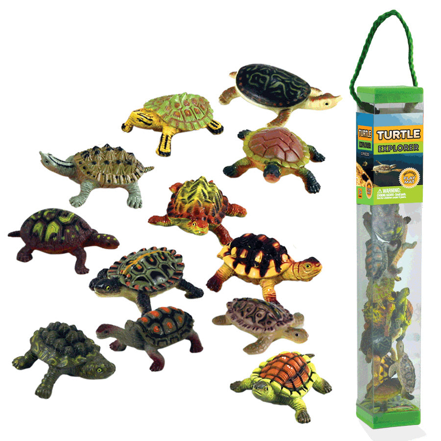 Durable Plastic Tube Playset containing 12 Assorted Colorful Turtles with a Full Color Playmat Included.