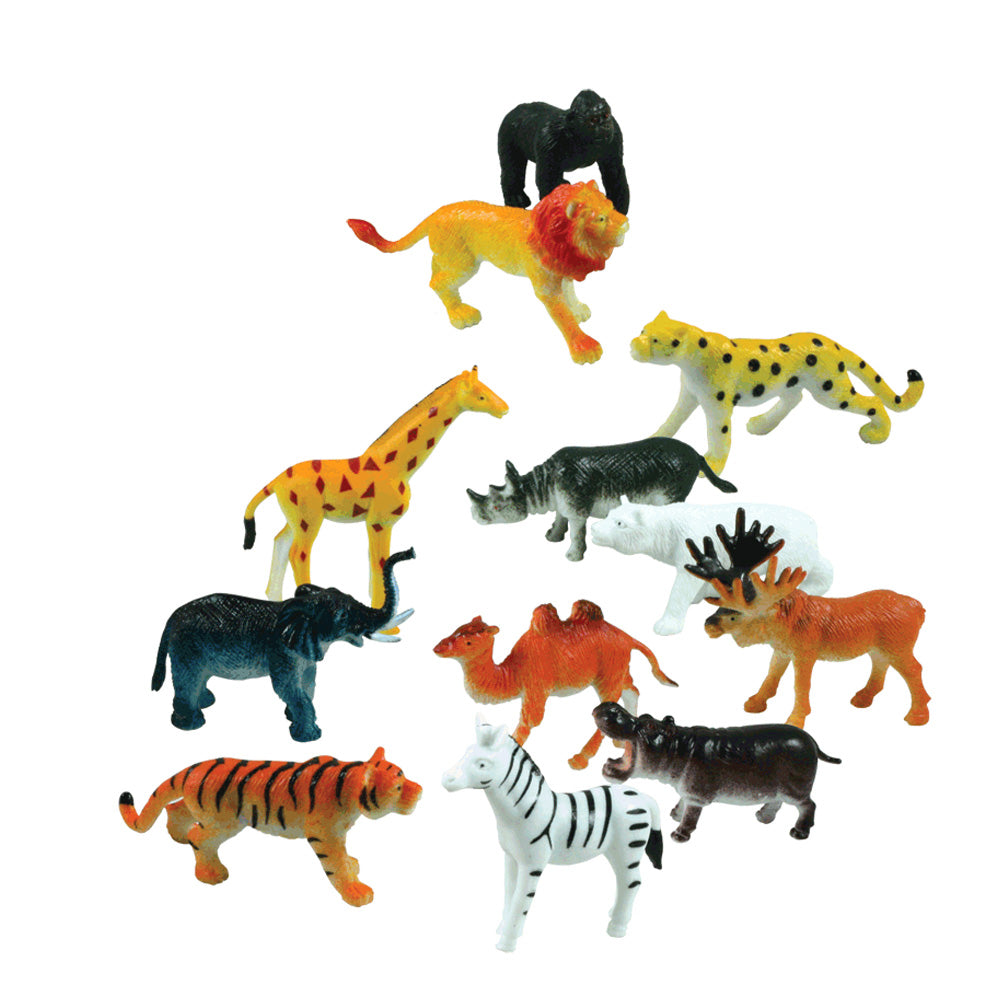12 Assorted Colorful Durable Plastic Wild Animals measuring 2 inches each.
