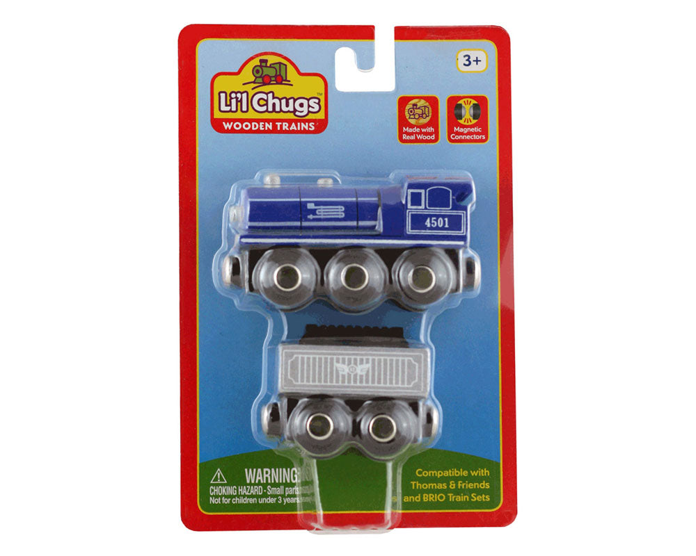 Blue Durable Wooden Train Steam Engine and Coal Tender Car both with Magnetic Connectors on Front & Back compatible with Thomas, Brio and other Wooden Train Sets in its Original Packaging.