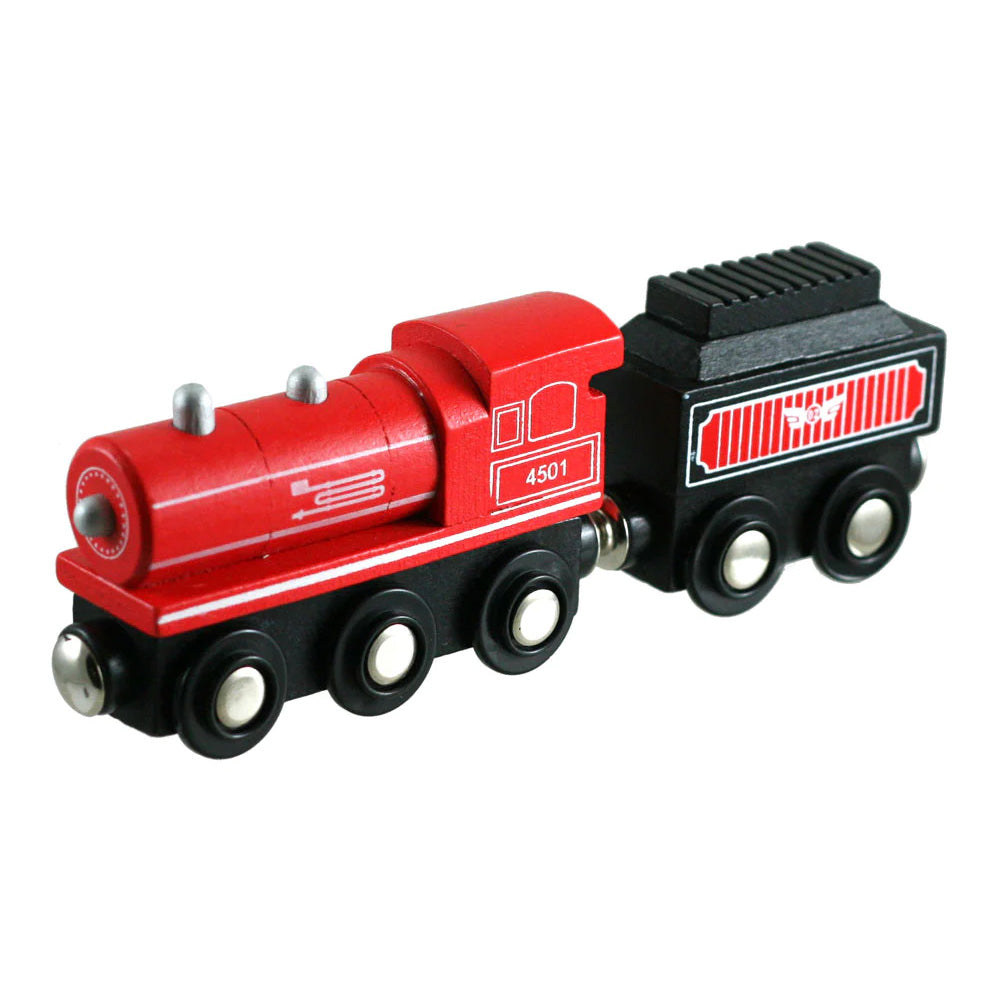 Red Durable Wooden Train Steam Engine and Coal Tender Car both with Magnetic Connectors on Front & Back compatible with Thomas, Brio and other Wooden Train Sets. Wood Harvested from Sustainably Managed Forests.