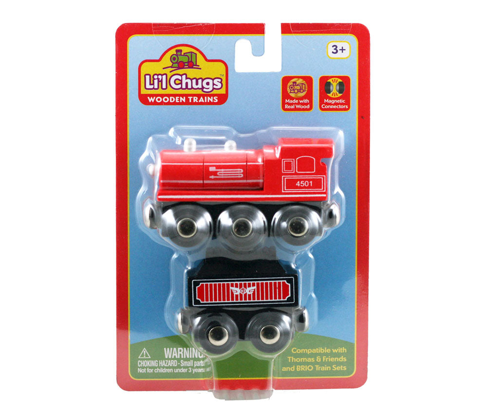Red Durable Wooden Train Steam Engine and Coal Tender Car both with Magnetic Connectors on Front & Back compatible with Thomas, Brio and other Wooden Train Sets in its Original Packaging.