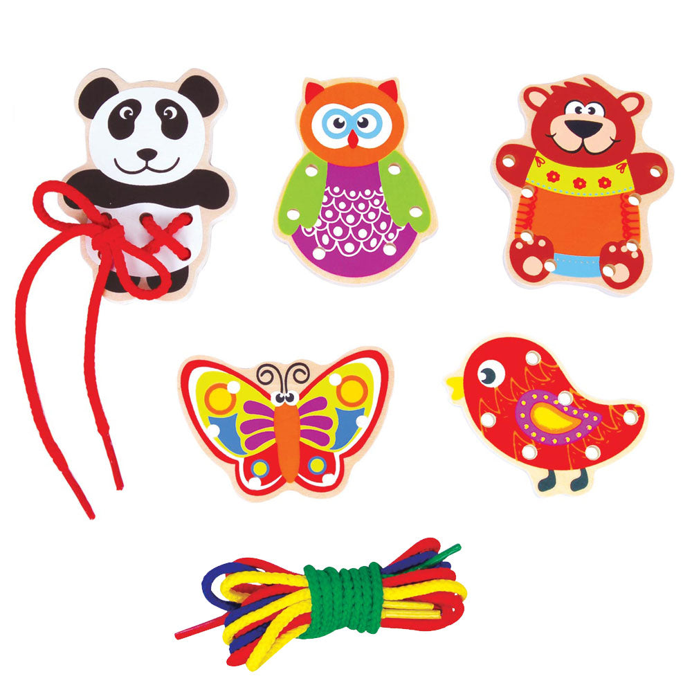 Deluxe Wooden Threading Playset with 5 Colorful Wooden Animals and Various Colorful Shoelaces used to Develop Hand Eye Coordination for Practice when Tying Shoes by Lelin.