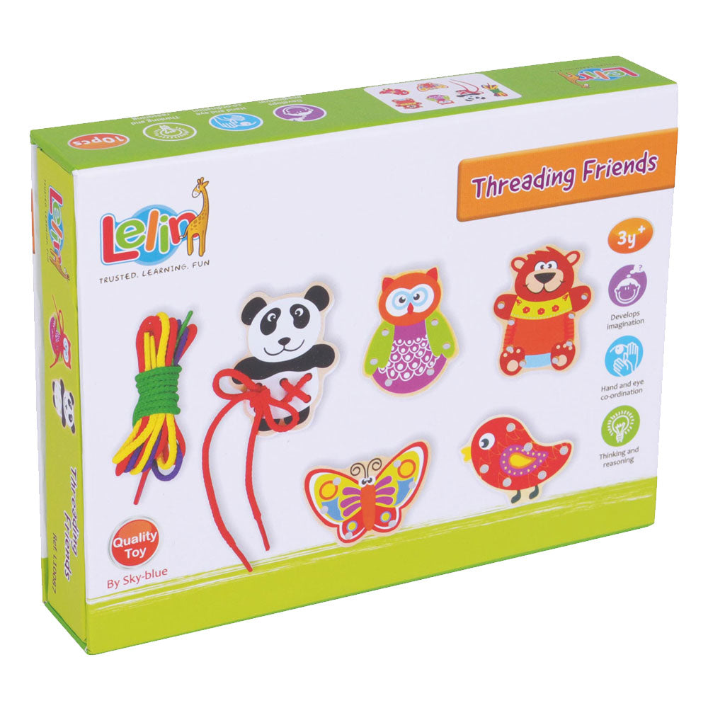 Deluxe Wooden Threading Playset with 5 Colorful Wooden Animals and Various Colorful Shoelaces used to Develop Hand Eye Coordination for Practice when Tying Shoes in its Original Packaging by Lelin.