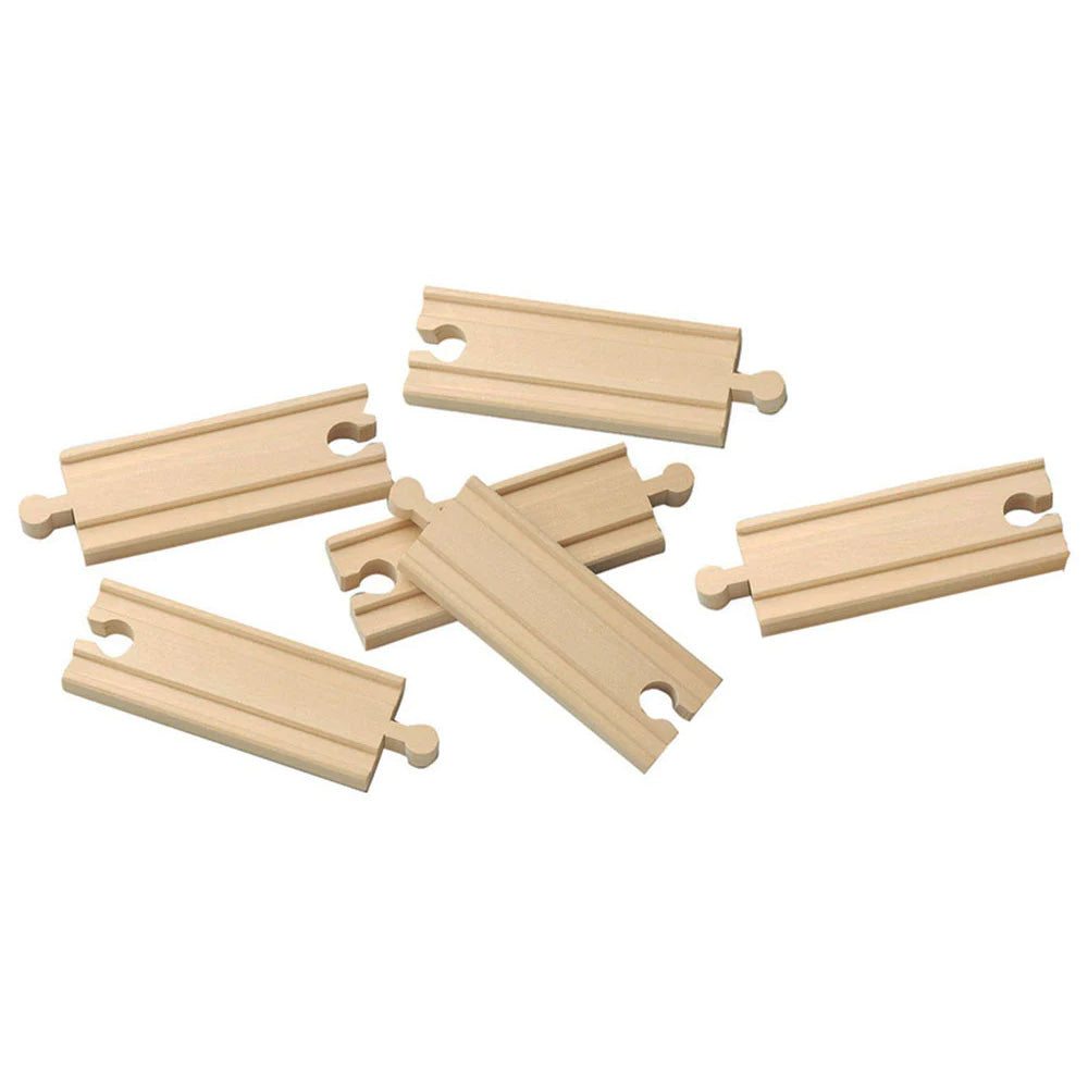 SET of 6 Six Inch Durable Straight Reversible Wooden Train Track with Grooves on Both Sides compatible with Thomas, Brio and other Wooden Train Sets. Wood Harvested from Sustainably Managed Forests.