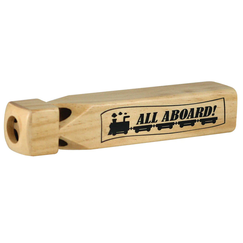 8 Inch Long Durable Four Chambered Wooden Train Whistle with “All Aboard” illustration printed on the side. Wood harvested from government approved reforested land.