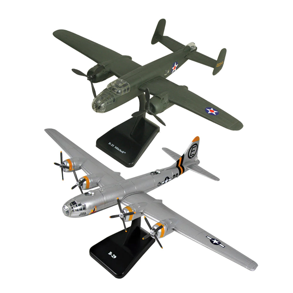 SET of 2 Highly Detailed 1:144 Scale Plastic Model Kit Replicas of World War II Bombers with Detailed Markings and Display Stands that Include Everything Needed for Assembly. B-29 Superfortress, B-25 Mitchell.
