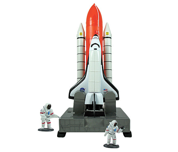 Youngsters can simulate their own space shuttle blast-off with this deluxe playset! Each set contains highly detailed, authentic space vehicles based on actual NASA designs! Features include: Pull back and go Space Shuttle, Removable solid rocket boosters, metal bay doors open to reveal a satellite and Educational 100 Years of Rocketry poster