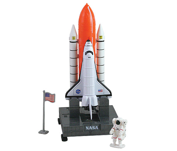 Featuring a 5” diecast metal pullback shuttle, this authentic replica of the “full stack” comes with rocket boosters, fuel tank, one astronaut, a US flag, and rolling launch pad. Great value!