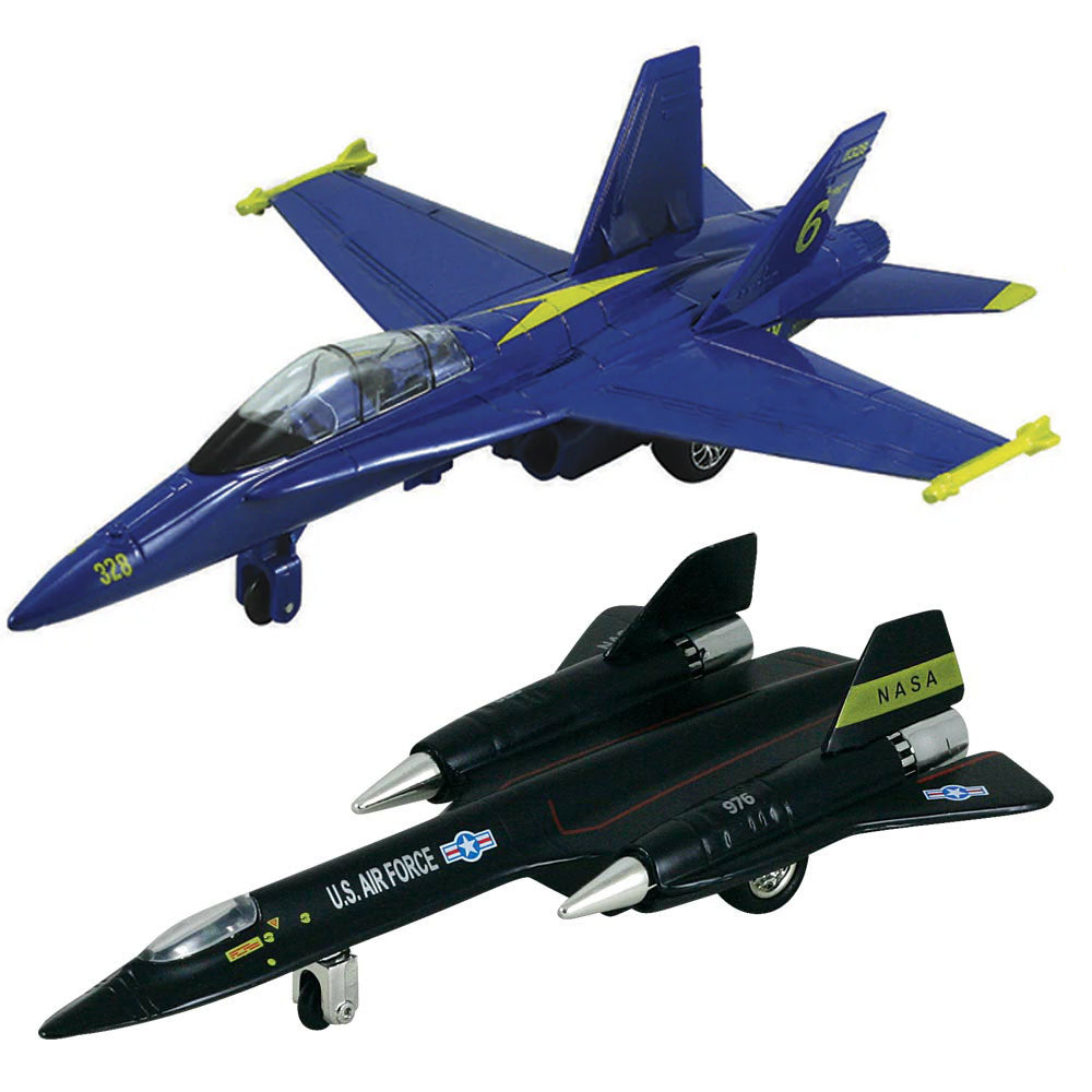 SET of 2 Die Cast Metal and Plastic Friction Powered Pullback Aircraft with Historically Accurate Markings. 8 Inch Lockheed SR-71 Stealth Blackbird and 8 Inch McDonnell Douglas F/A-18 Hornet Blue Angels Fighter Aircraft.