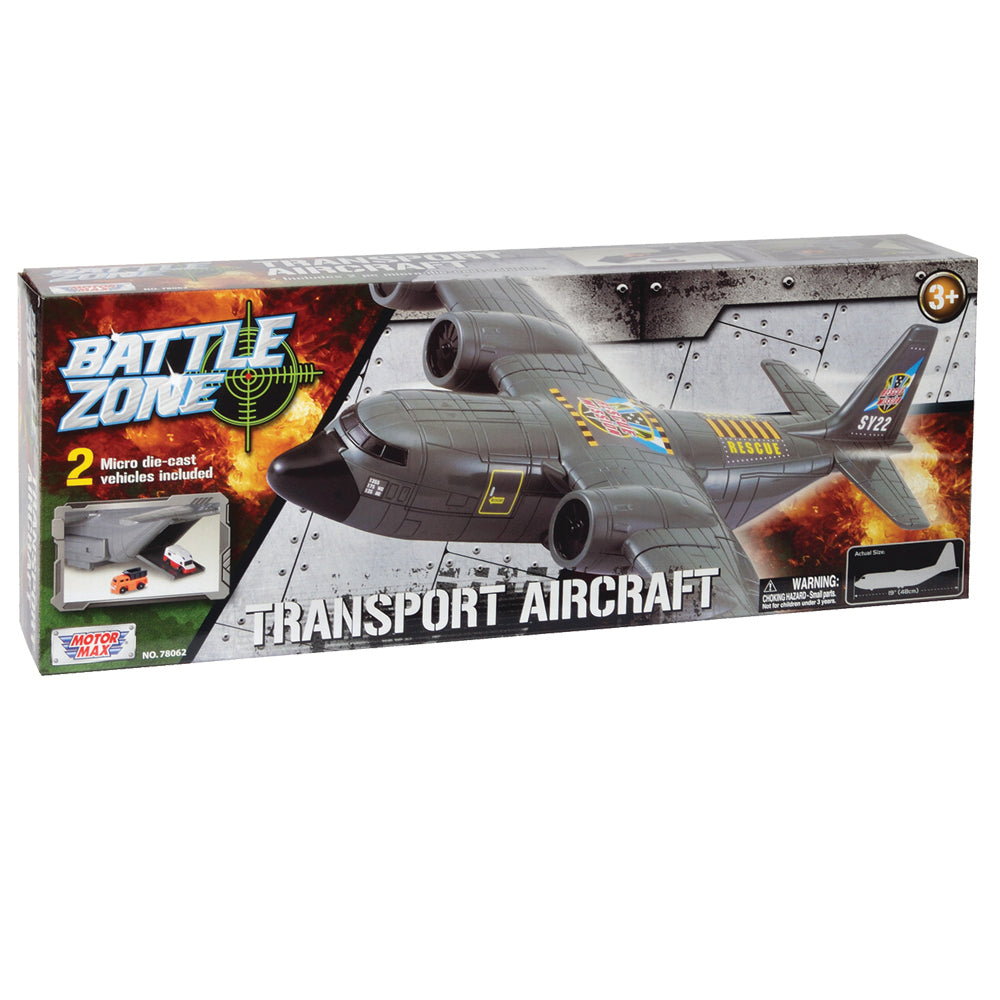 This jumbo transporter features a huge 19” wingspan with different opening doors and hatches on the nose, wings and rear of the aircraft for carrying lots of cargo!&nbsp;
Playset includes two diecast metal vehicles.