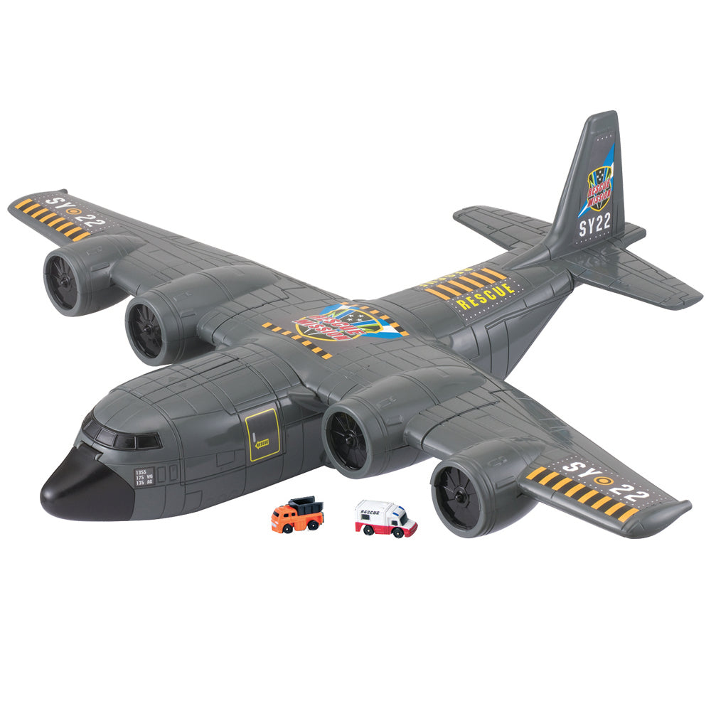 This jumbo transporter features a huge 19” wingspan with different opening doors and hatches on the nose, wings and rear of the aircraft for carrying lots of cargo!&nbsp;
Playset includes two diecast metal vehicles.