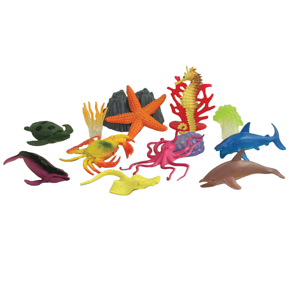 This collection of authentically detailed sea creatures and accessories comes in an eco-friendly, reusable bucket for hours of imaginative play and convenient storage! Bucket lids feature a twist locking mechanism to keep the pieces in place for travel or storage.  15 assorted plastic sea creatures and accessories, 3” - 5” long WTBULO
