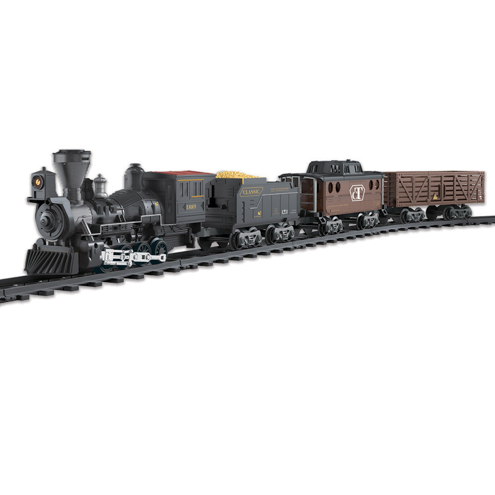 This deluxe set features an authentic classic steam locomotive with working headlight, a coal tender, and two realistic freight cars. It also includes 6 sections of straight track and 12 sections of curved track to create a variety of layouts including a circle, a rectangle or large oval