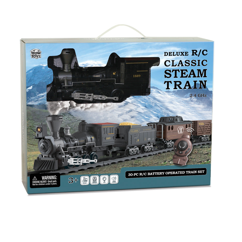 This deluxe set features an authentic classic steam locomotive with working headlight, a coal tender, and two realistic freight cars. It also includes 6 sections of straight track and 12 sections of curved track to create a variety of layouts including a circle, a rectangle or large oval