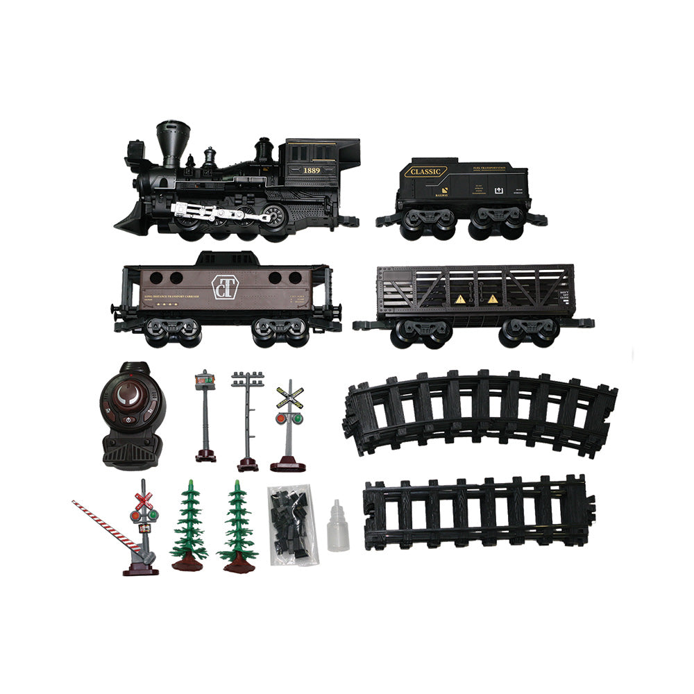 This deluxe set features an authentic classic steam locomotive with working headlight, a coal tender, and two realistic freight cars. It also includes 6 sections of straight track and 12 sections of curved track to create a variety of layouts including a circle, a rectangle or large oval