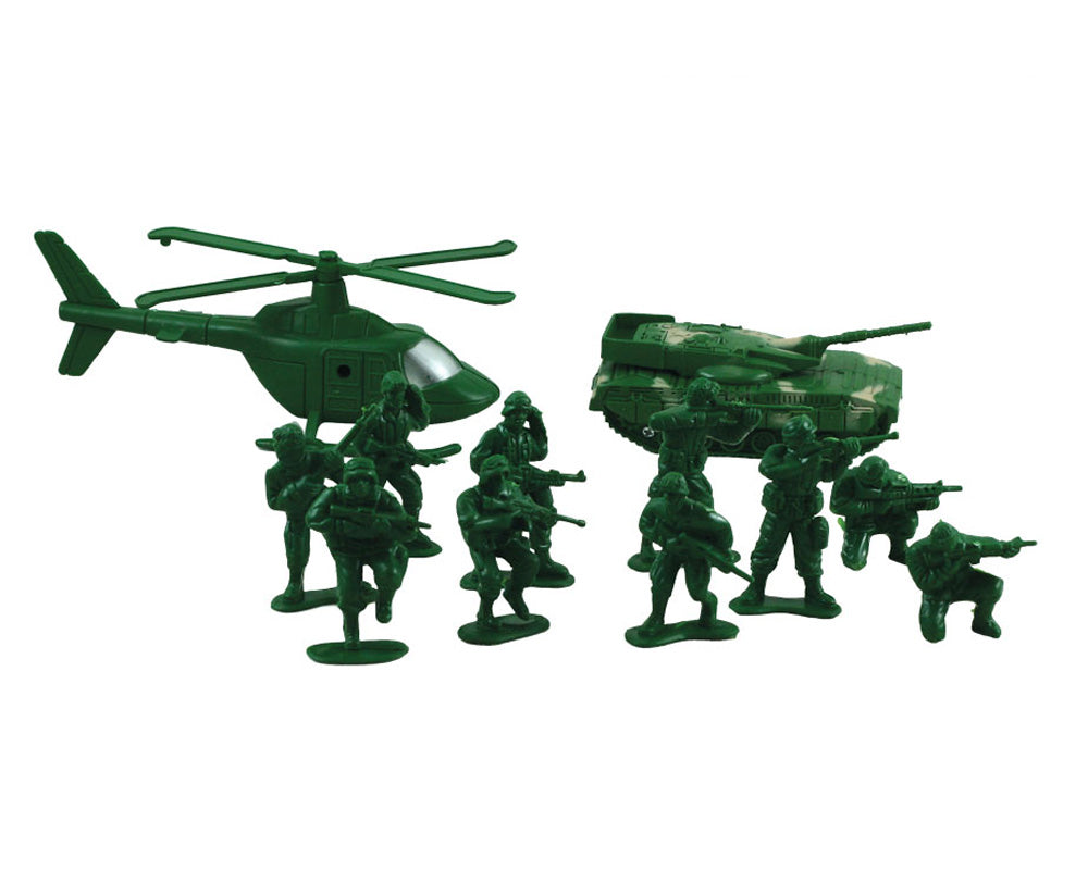 12 Piece Set of Plastic Army Men Troops featuring a Tank and Helicopter by Classic Armour.