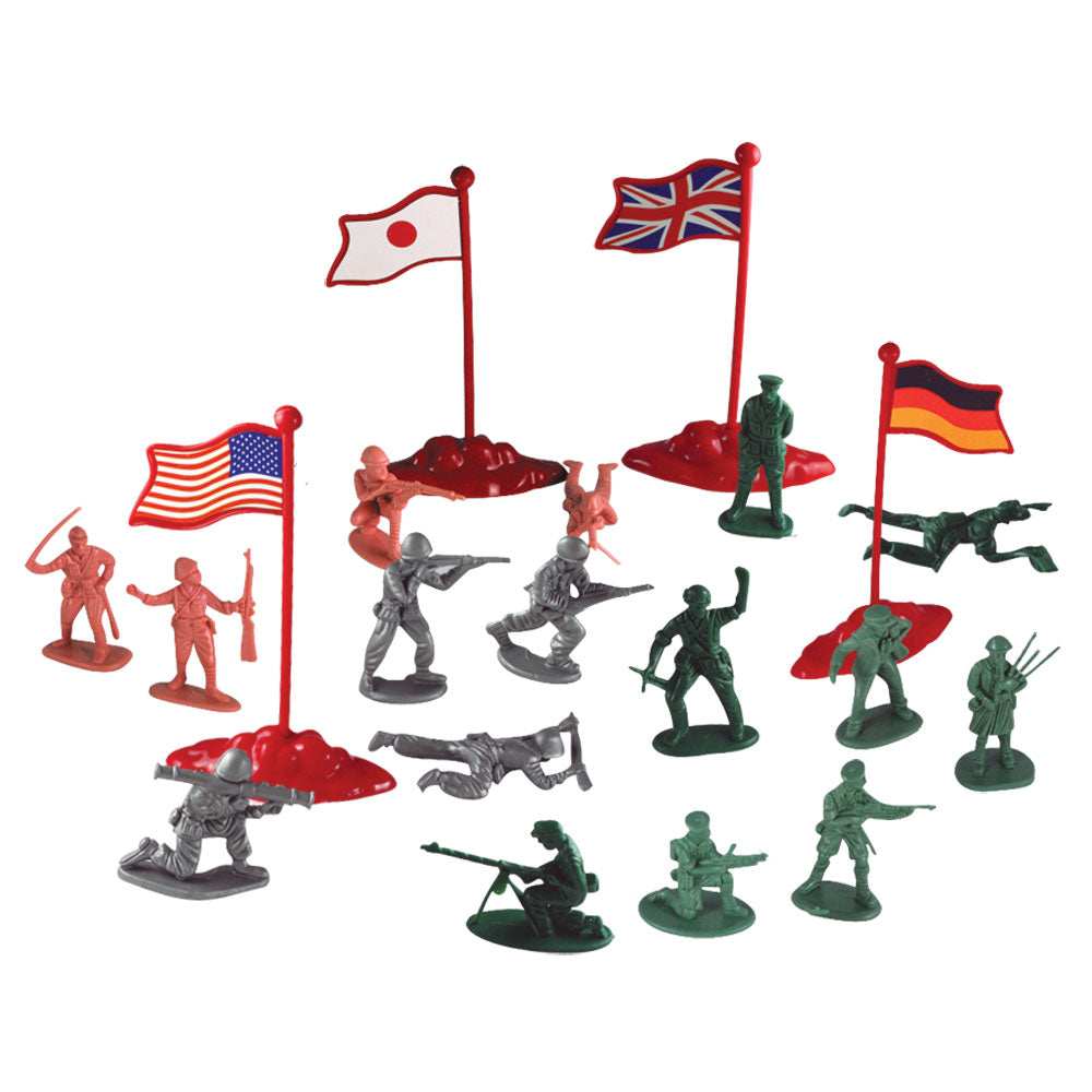 Deluxe 200 Piece Durable plastic toy soldiers  Army Men Playset with 200 Assorted Figurines in 4 Colors and Assorted International Flags from Four Countries.