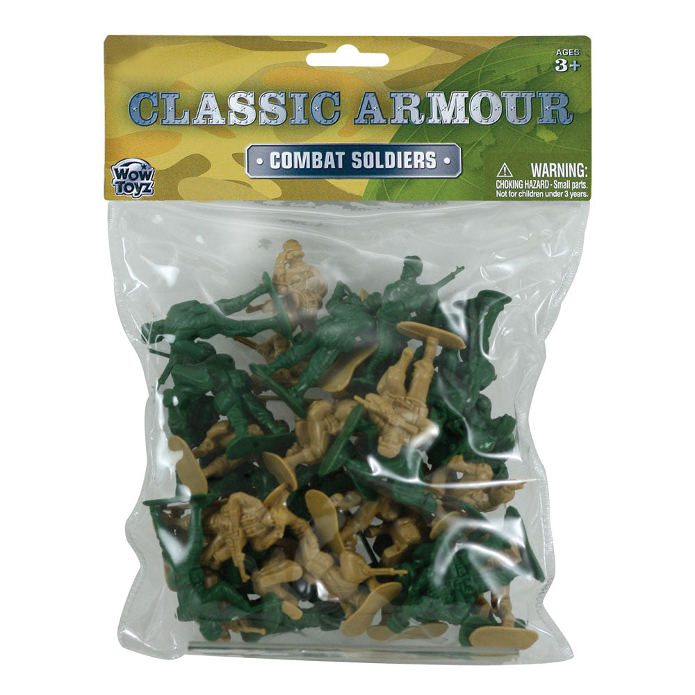 SET of 40 Durable Plastic Combat Military Soldier Figure Army Men that come in a Variety of Poses, 20 in Army Green and 20 in Tan in its Original Begged Packaging.