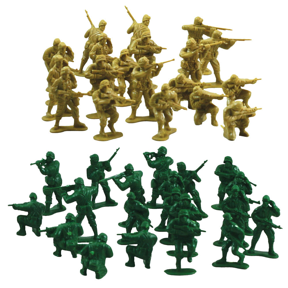 SET of 40 Durable Plastic Combat Military Soldier Figure Army Men that come in a Variety of Poses, 20 in Army Green and 20 in Tan.