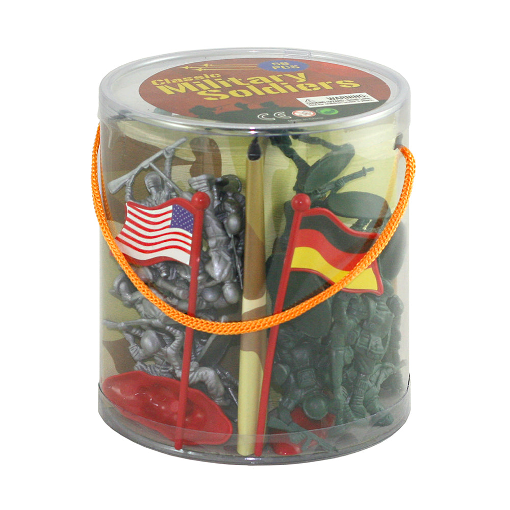 Deluxe 56 Piece Durable Plastic Combat Military Soldier Figure Army Men Playset with Assorted Figurines in 4 Colors and Assorted International Flags from Four Countries all in a Convenient Storage Bucket.