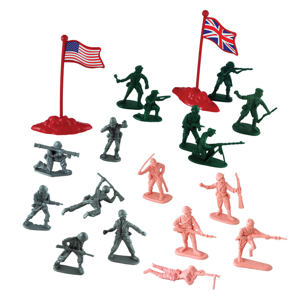 Deluxe 56 Piece Durable Plastic Combat Military Soldier Figure Army Men Playset with Assorted Figurines in 4 Colors and Assorted International Flags from Four Countries.