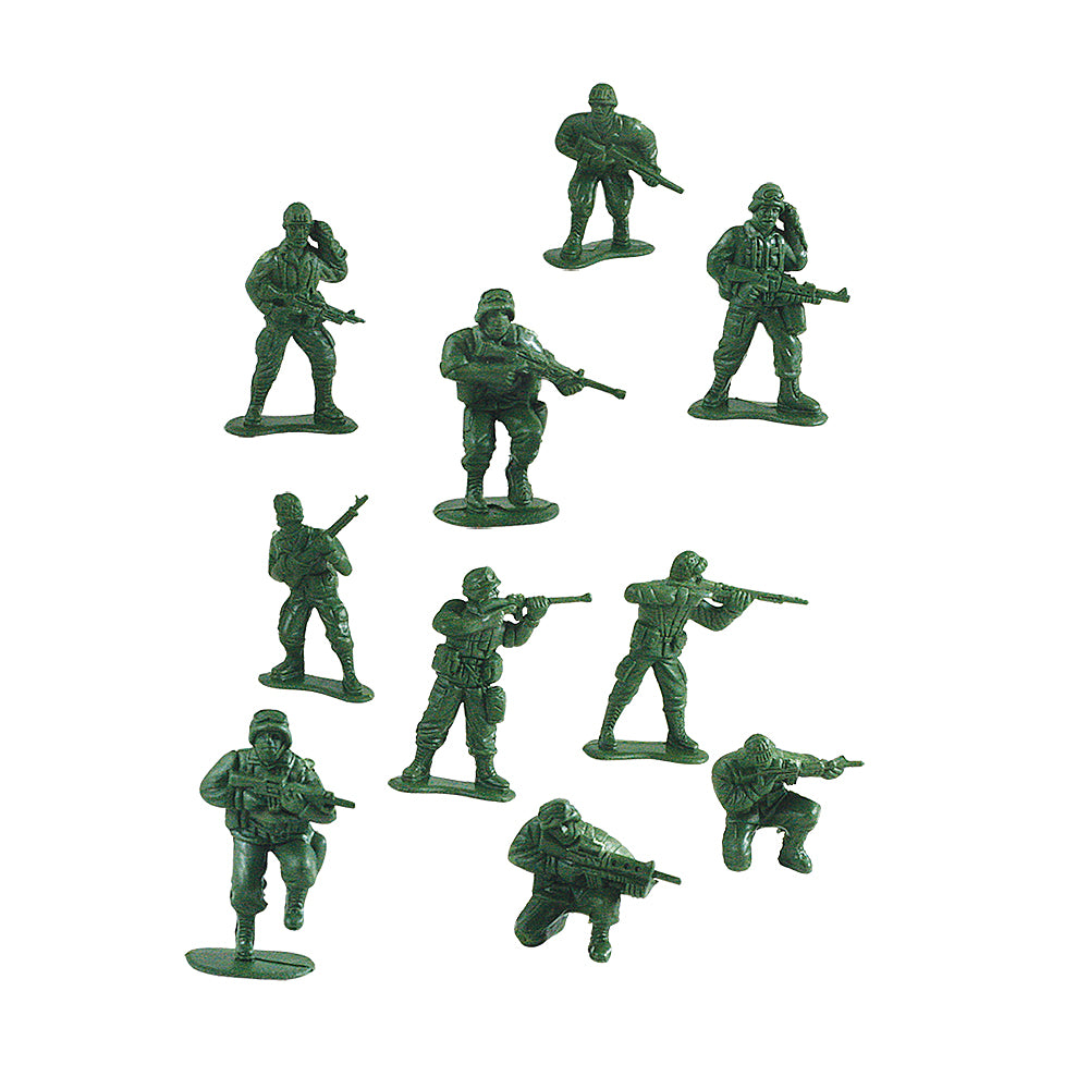 100-Piece Playset Featuring 100 Classic Soldiers in Army Green in Varying Poses that comes in a Convenient Storage Tub with Handle.
