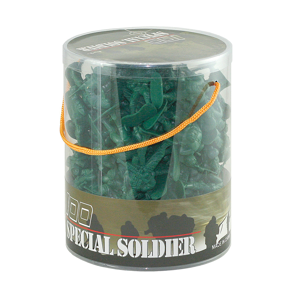 100-Piece Playset Featuring 100 Classic Soldiers in Army Green in Varying Poses that comes in a Convenient Storage Tub with Handle.