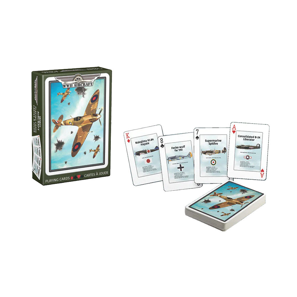 Word War II Playing Cards Aviation fans of all ages will love these airplane playing cards! Decks feature 52 different illustrated WWII aircraft images and facts. Convenient countertop display contains 12 decks each and each deck comes in a sturdy storage box. WWII Eurographics