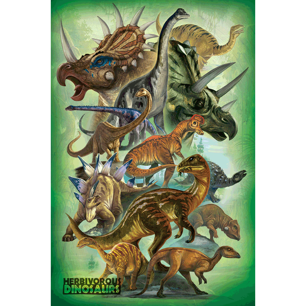 24 x 36 inch Illustrative Non-Laminated Paper Poster Depicting Various Herbivorous Dinosaurs by EuroGraphics.