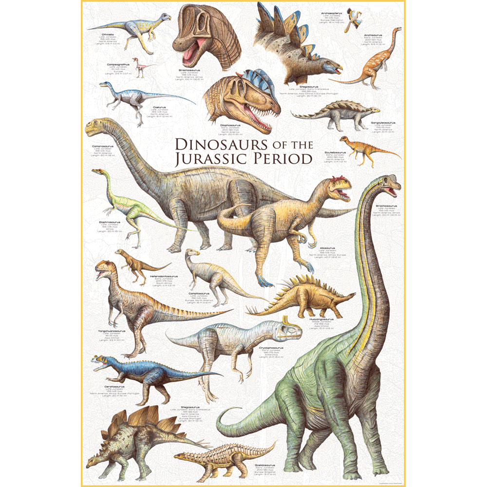 24 x 36 inch Non-Laminated Paper Poster Depicting Various Dinosaurs from the Jurassic Period by EuroGraphics.
