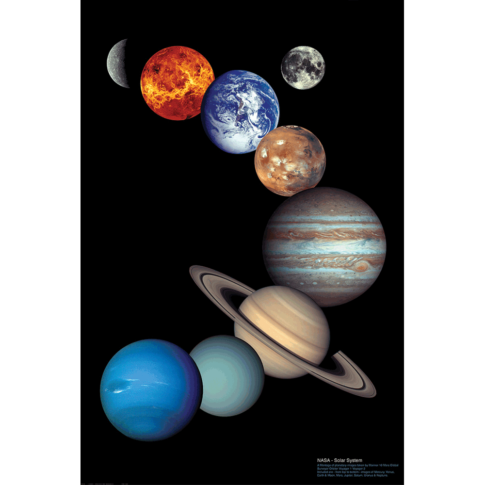24 x 36 inch Non-Laminated Paper Poster Depicting the Planets of the Solar System (Mercury, Venus, Earth, Moon, Mars, Jupiter, Saturn, Uranus, Neptune, Pluto) by EuroGraphics.