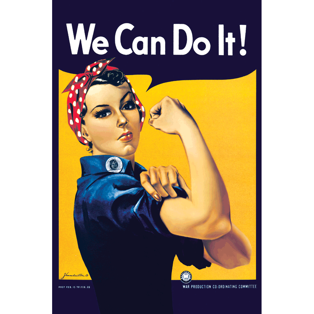24 x 36 inch Non-Laminated Paper Poster of Artist Howard Miller’s famous “We Can Do It” Illustrated Motivational Poster for Westinghouse Electric depicting Rosie the Riveter and Female Patriotism during World War II by EuroGraphics.