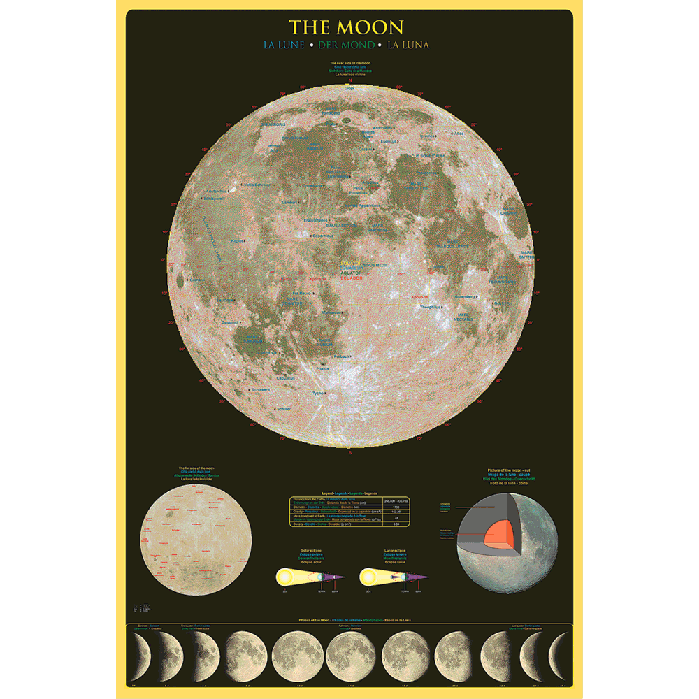 24 x 36 inch Non-Laminated Paper Poster Depicting the Lunar Surface along with Important Geographical Locations and Diagrams of the Core and Moon Phases by EuroGraphics.