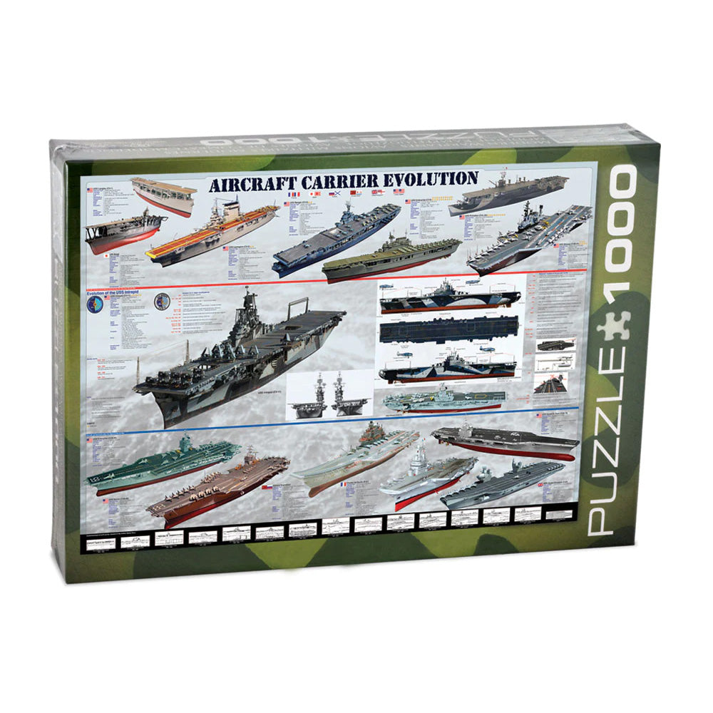 1,000 Piece Jigsaw Puzzle made from Recycled Paper depicting Evolution of Aircraft Carriers shown in its original packaging by EuroGraphics.