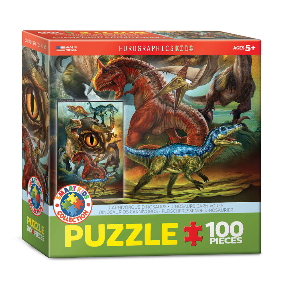 100 Piece Illustrative Jigsaw Puzzle made from Recycled Paper depicting Various Carnivorous Dinosaurs in its original packaging by EuroGaphics.