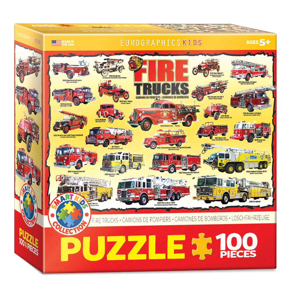 100 Piece Jigsaw Puzzle made from Recycled Paper depicting various Fire Trucks and Engines Throughout History in its original packaging by EuroGaphics.