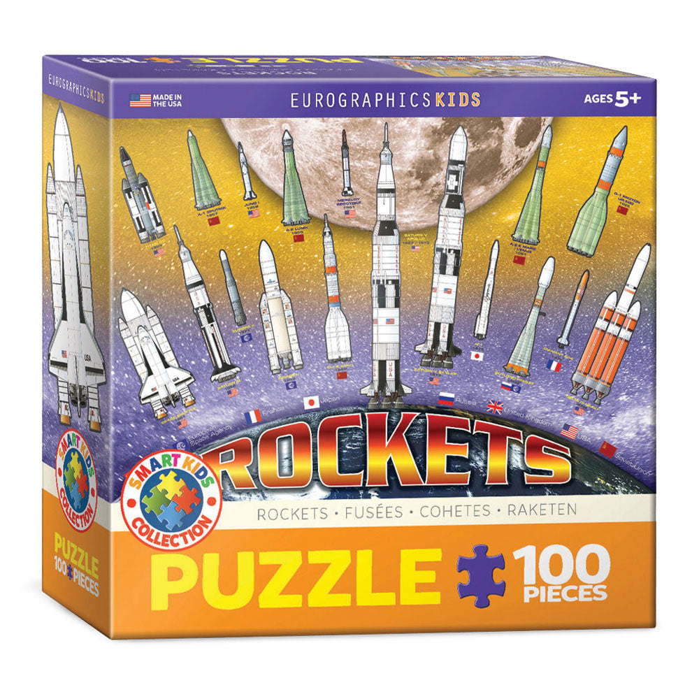 100 Piece Jigsaw Puzzle made from Recycled Paper depicting various Illustrated International Rockets throughout History with Earth and Moon shown in the Background in its original packaging by EuroGaphics.