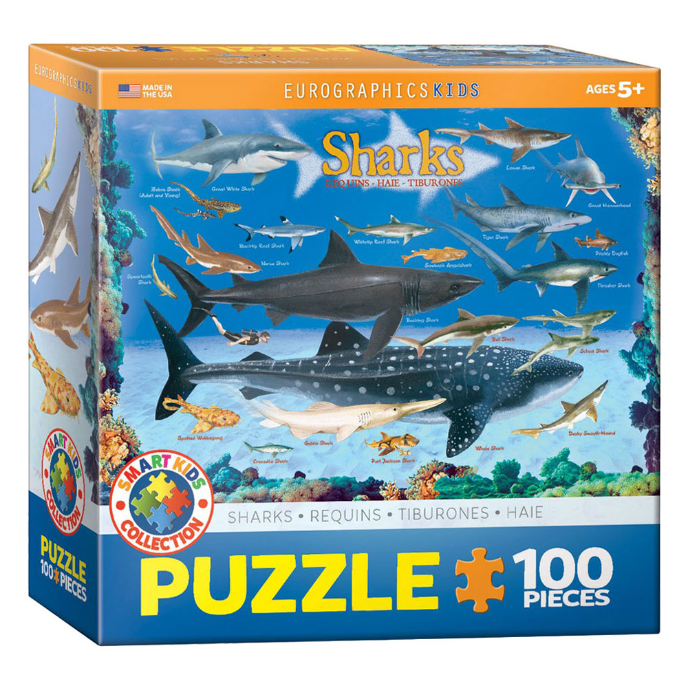 100 Piece Jigsaw Puzzle made from Recycled Paper depicting Illustrations of Various Sharks of the Ocean and their Relative size to Each Other and a Human in its original packaging by EuroGaphics.