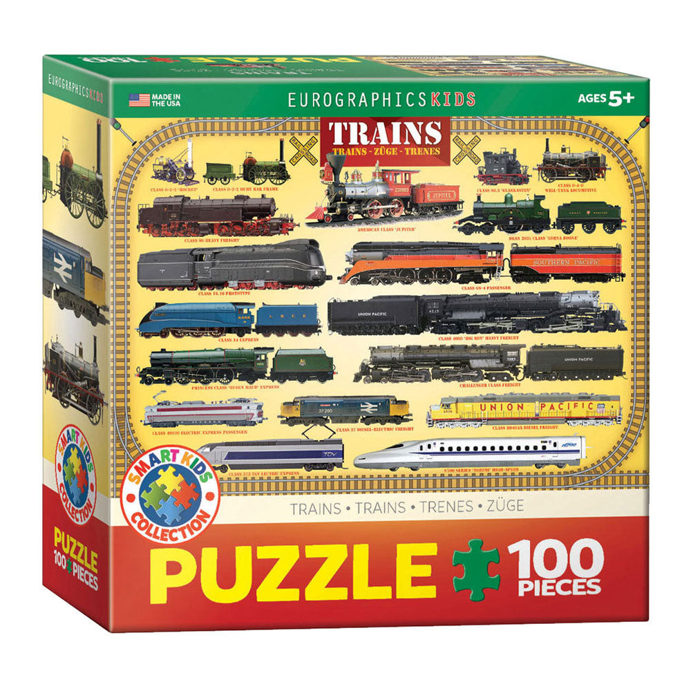 100 Piece Jigsaw Puzzle made from Recycled Paper depicting Illustrations of Various Steam and Diesel Locomotive Trains encircled by a Train Track Border in its original packaging by EuroGaphics.