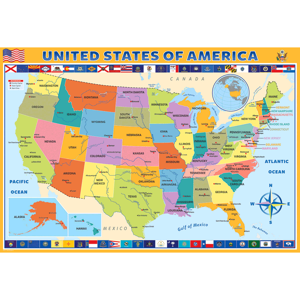 100 Piece Jigsaw Puzzle made from Recycled Paper depicting a Map of the 50 United States of America depicting all the State Flags by EuroGaphics.