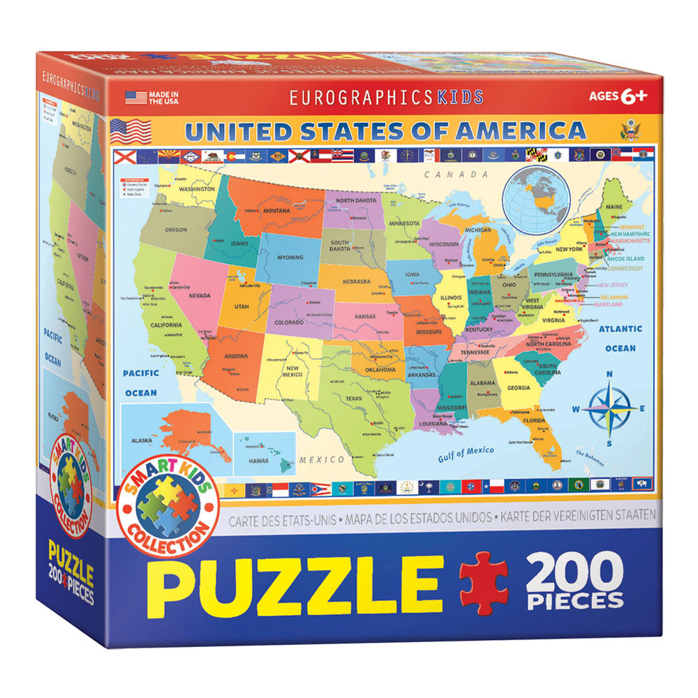 200 Piece Jigsaw Puzzle made from Recycled Paper depicting a Map of the 50 United States of America depicting all the State Flags in its original packaging by EuroGaphics.
