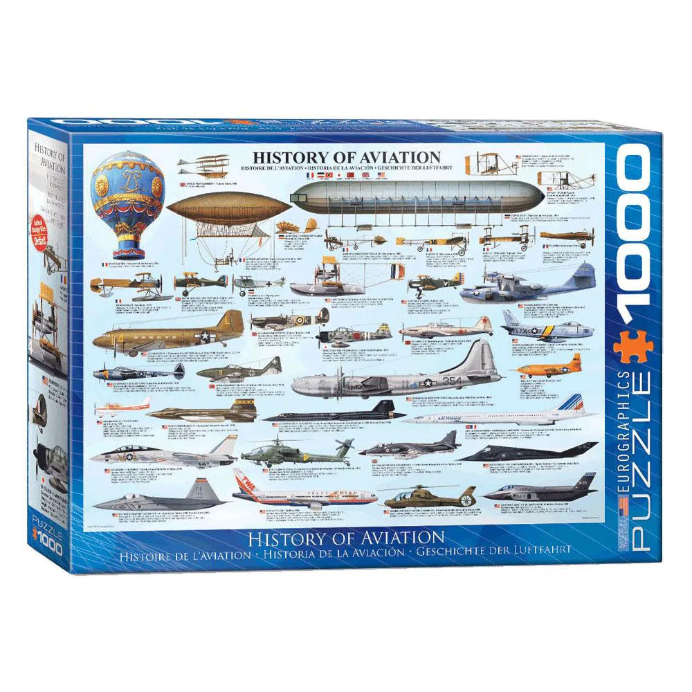 Eurographics puzzle depicting The History of Aviation 1,000 Piece Puzzle. Aircraft shown range from the first hot air balloons, gliders, single prop, world war I, world war II, and modern aircraft.
