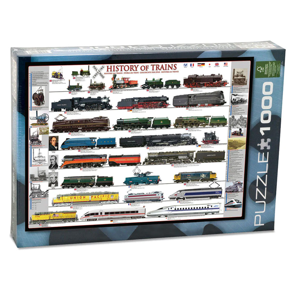 1,000 Piece Jigsaw Puzzle made from Recycled Paper depicting the History of Train Locomotives, Steam & Diesel Engines in its original packaging by EuroGraphics.
