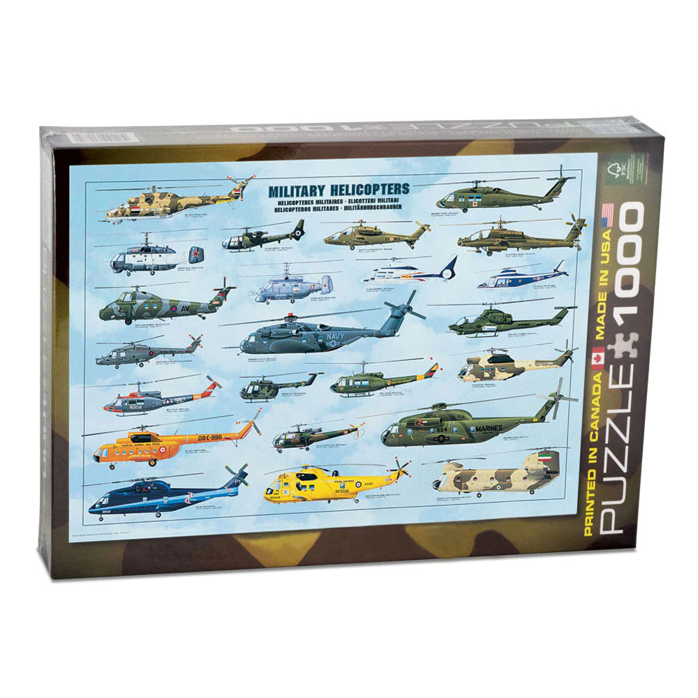 1,000 Piece Jigsaw Puzzle made from Recycled Paper depicting Various Military Helicopter Aircraft throughout History shown in its original packaging by EuroGraphics.