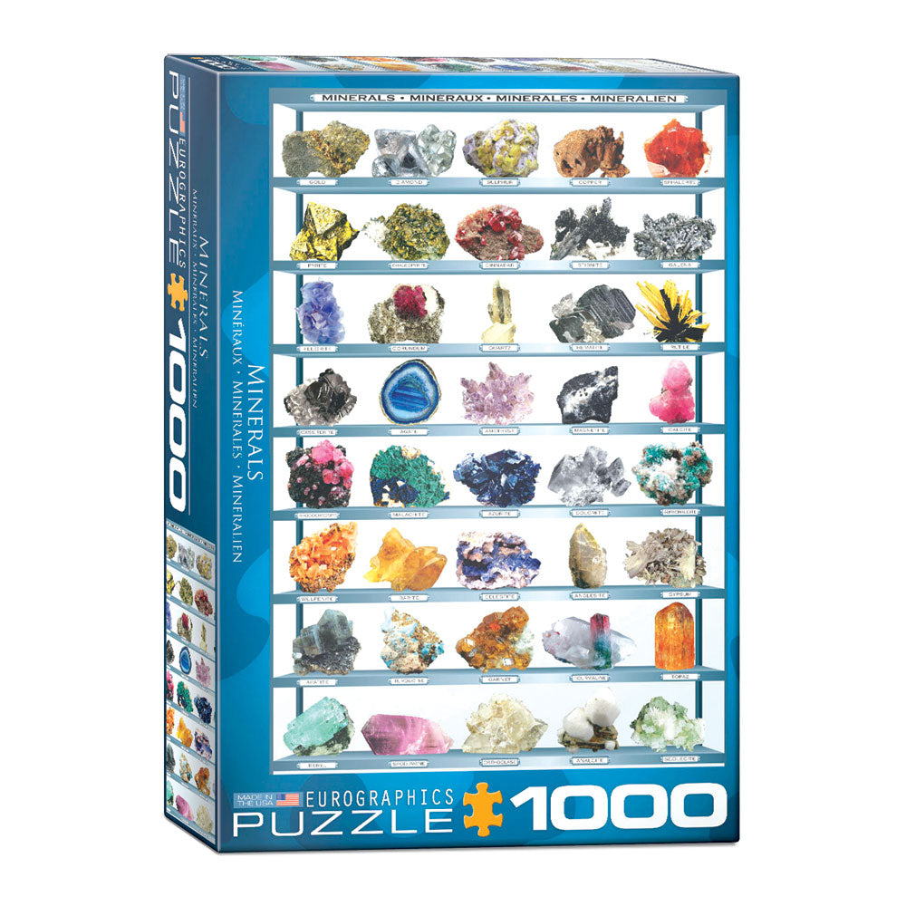1,000 Piece Jigsaw Puzzle made from Recycled Paper depicting Various Rocks, Minerals and Crystals of the Geological World shown in its original packaging by EuroGraphics.