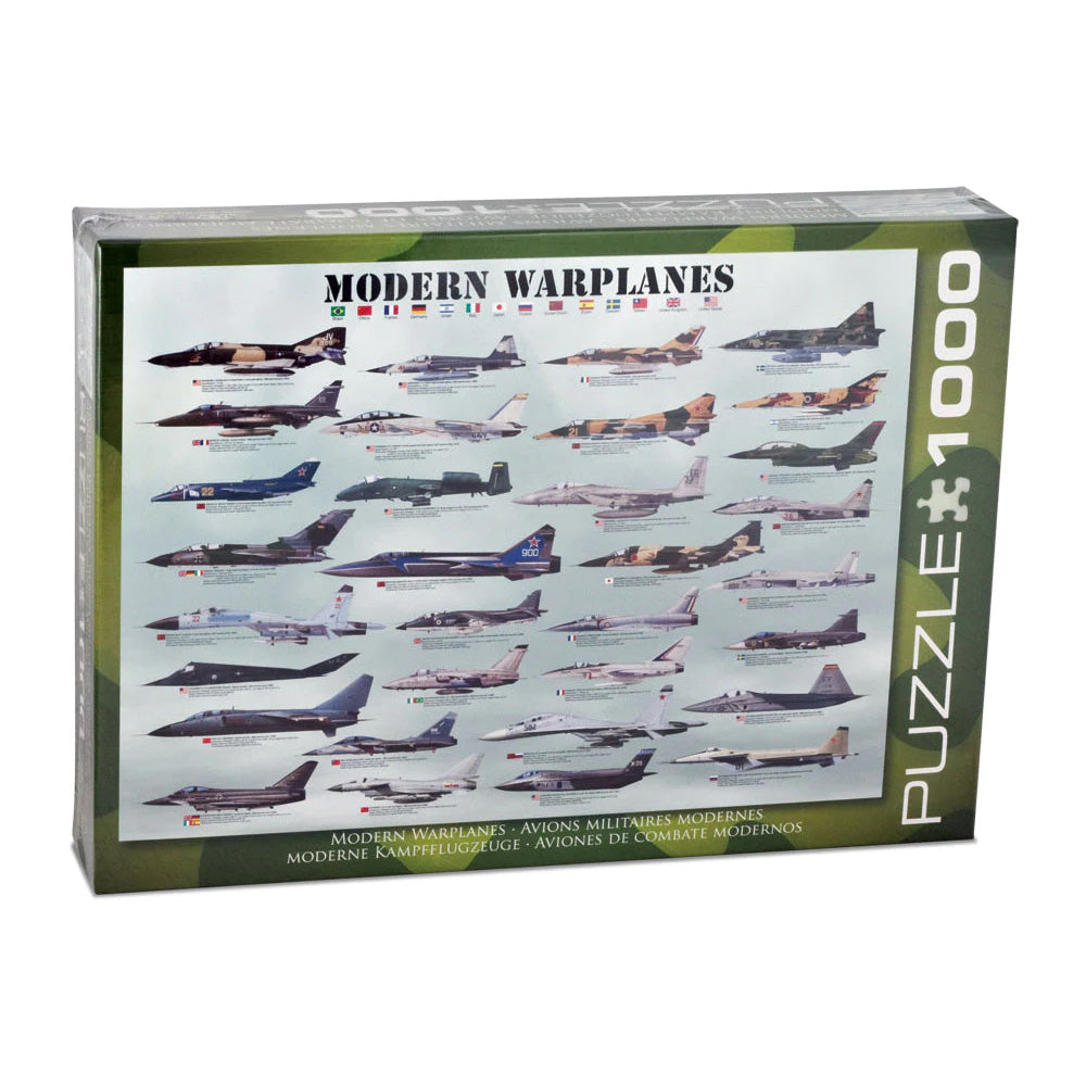 1,000 Piece Jigsaw Puzzle made from Recycled Paper depicting Various Military, Stealth, Fighter, Bomber and Ground Attack Military Warplane Aircraft shown in its original packaging by EuroGraphics.