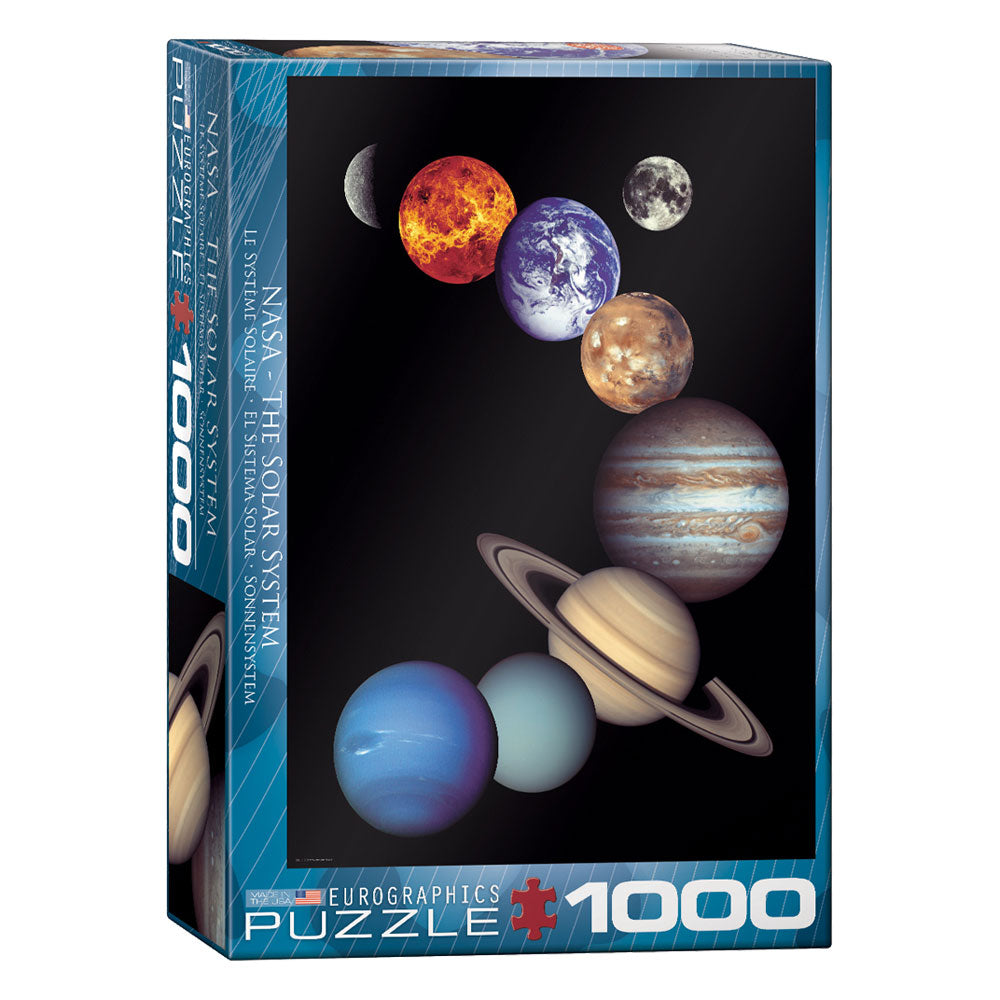 1,000 Piece Jigsaw Puzzle made from Recycled Paper depicting Planets of the Solar System (Mercury, Venus, Earth, Moon, Mars, Jupiter, Saturn, Uranus, Neptune, Pluto) in its original packaging by EuroGraphics.